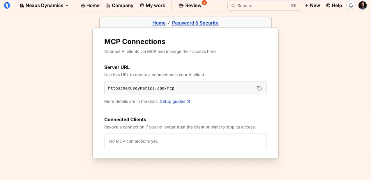 Screenshot: MCP Connections page with Server URL and Connected Clients